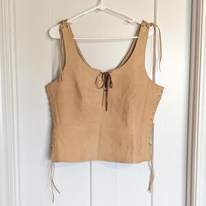 Y2K Harley Davidson Tan Leather Corset Lace Up Tank sz L
